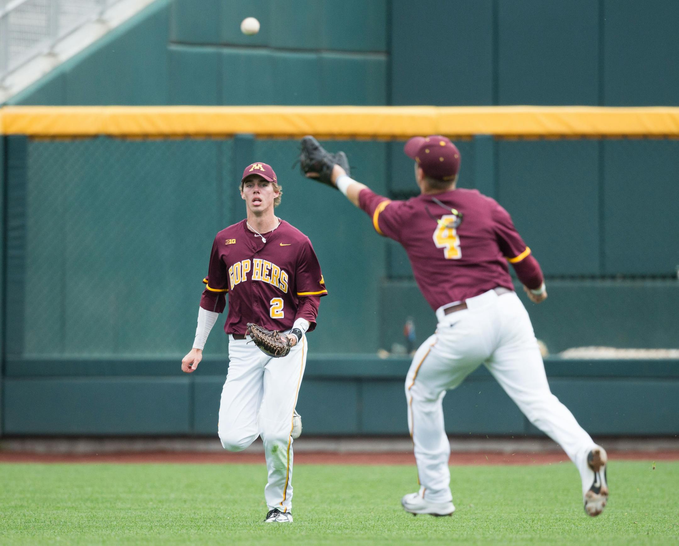 Minnesota's Conor Schaefbauer missed a fly ball in the Big Ten tournament opener Wednesday. Minnesota lost that game to Iowa, and then again Thursday to Michigan in an elimination game.