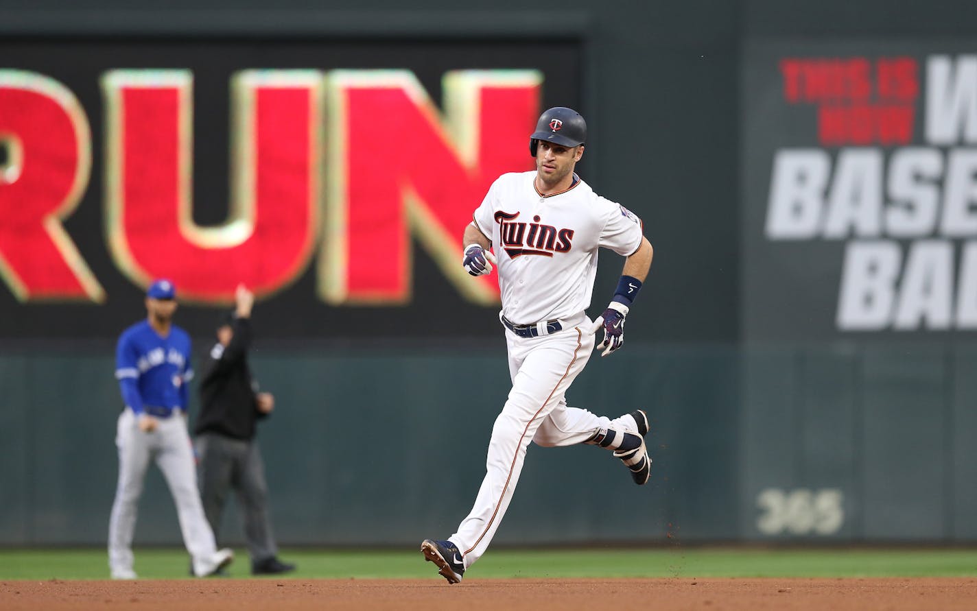 Twins first baseman Joe Mauer rounded the bases after hitting a solo homer run in the first inning at Target Field Tuesday May 1, 2018. ] The Minnesota Twins hosted the Toronto Blue Jays at Target Field. JERRY HOLT &#xef; jerry.holt@startribune.com