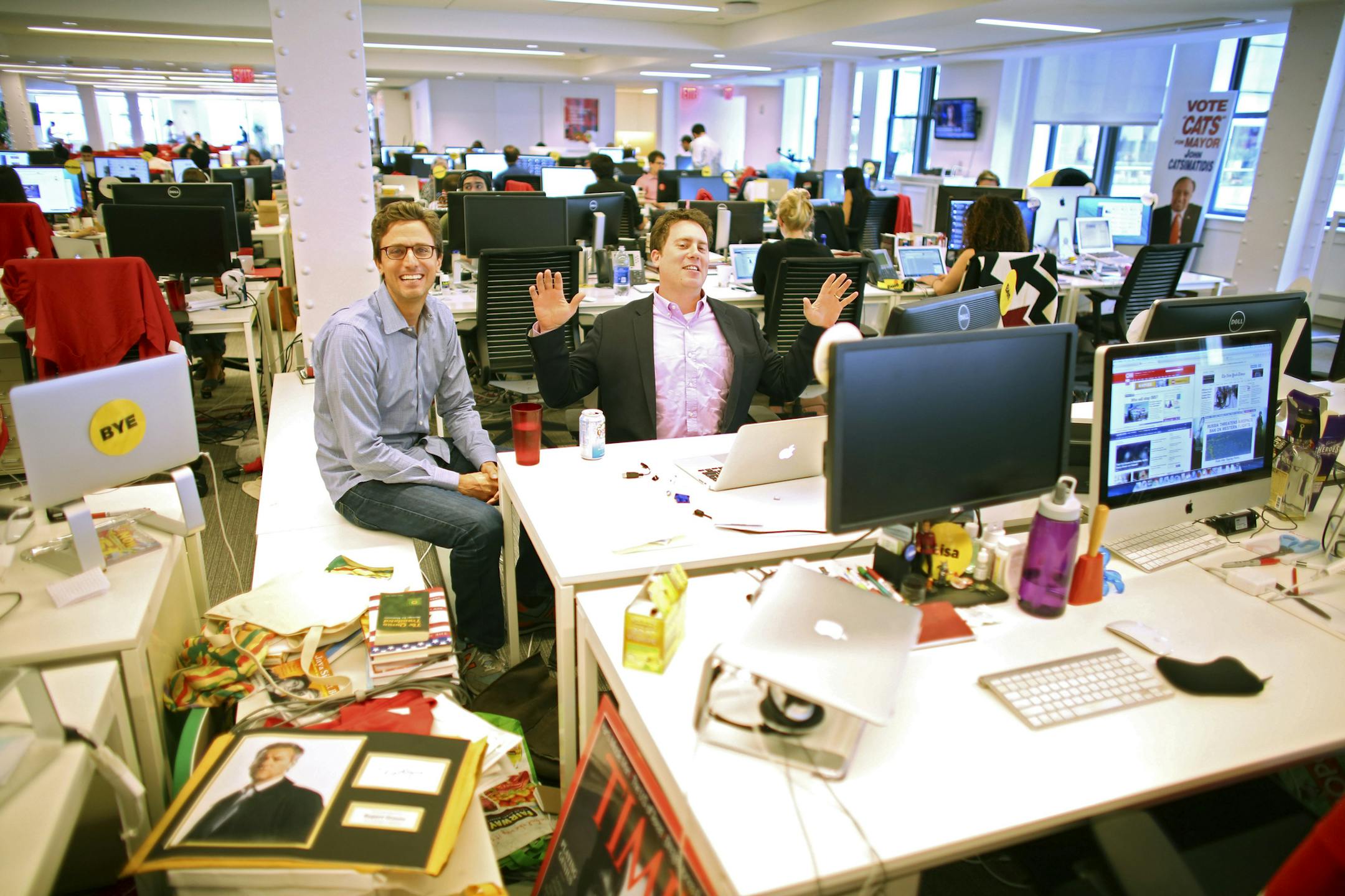 Jonah Paretti, left, founder and chief executive of BuzzFeed with Ben Smith, editor in chief, at offices in New York, Aug. 7, 2014. The website BuzzFeed plans to use a new $50 million investment to, among other things, introduce new content sections, create an in-house incubator for new technology and potential acquisitions, and put far more resources toward BuzzFeed Motion Pictures. (Chang W. Lee/The New York Times) ORG XMIT: XNYT61