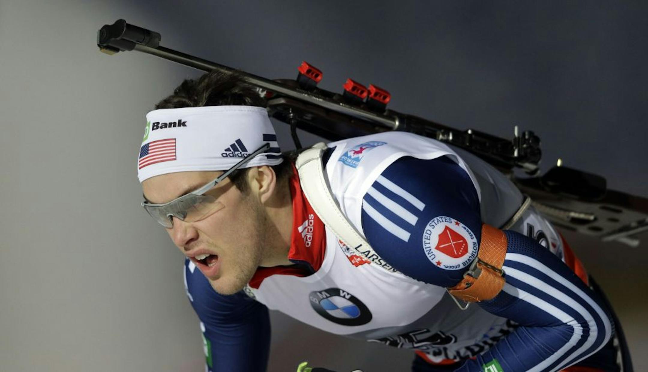 Leif Nordgren of the United States competes during the men's 10 km sprint competition at the Biathlon World Cup in Ruhpolding, southern Germany, on Saturday, Jan. 12, 2013.