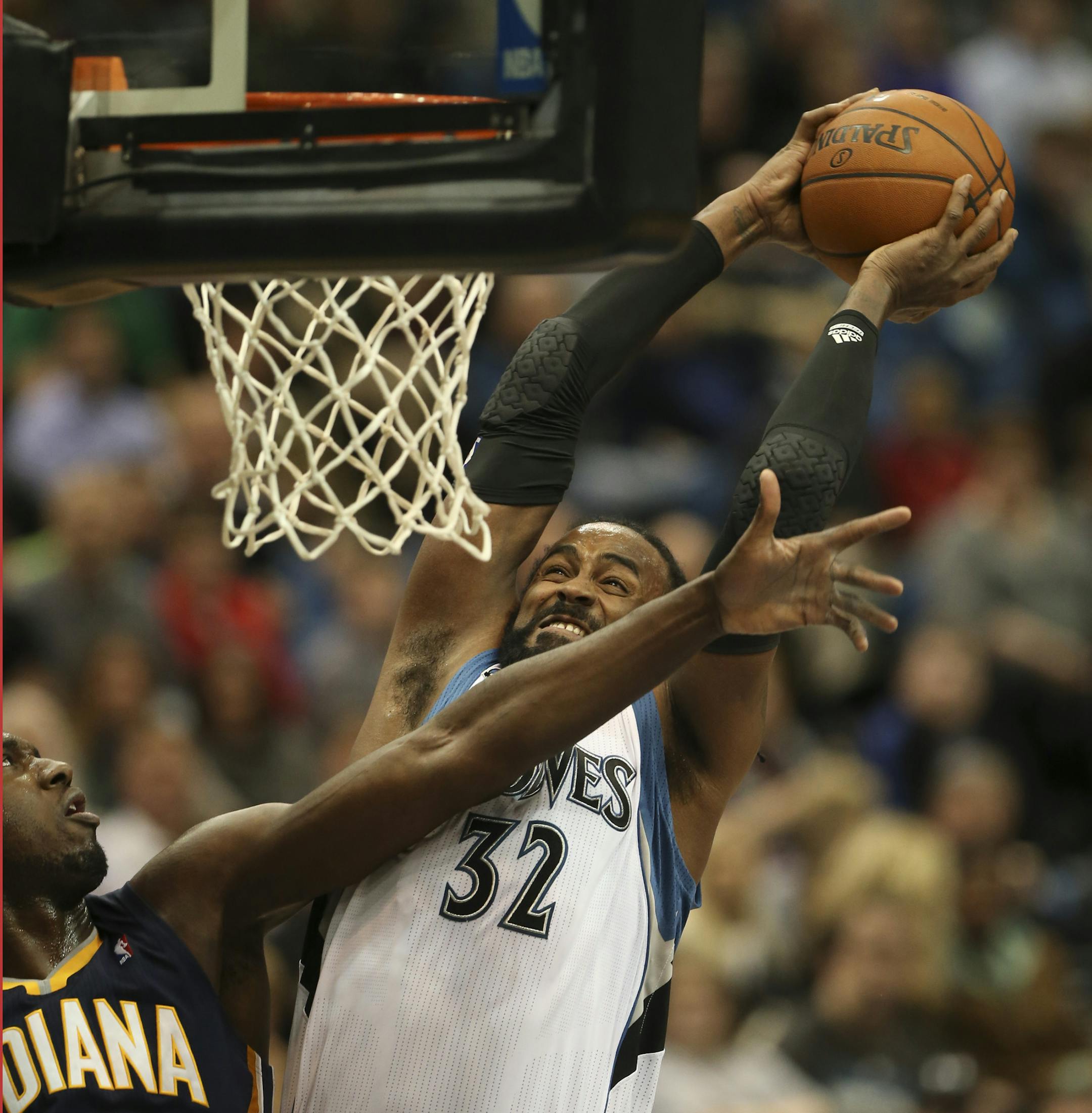 The Minnesota Timberwolves returned from the All-Star break to face the Indiana Pacers Wednesday night, February 19, 2014 at Target Center in Minneapolis. Ronny Turiaf of the Wolves was defended by the Pacers' Roy Hibbert when he took a first half shot. ] JEFF WHEELER &#x201a;&#xc4;&#xa2; jeff.wheeler@startribune.com