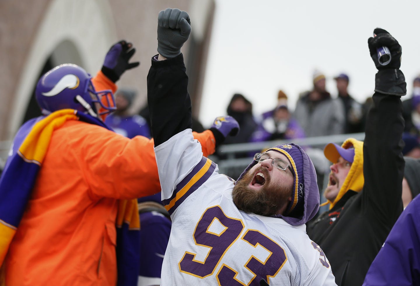 Vikings fan Mark Jacobson of Crystal celebrated the win at TCF Bank Stadium Sunday December 28, 2014 Minneapolis MN. The Vikings beat the Chicago Bears 13-9 in the last game of the year for both teams.] Jerry Holt Jerry.holt@startribune.com