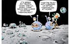 Sack cartoon: Humans and the moon