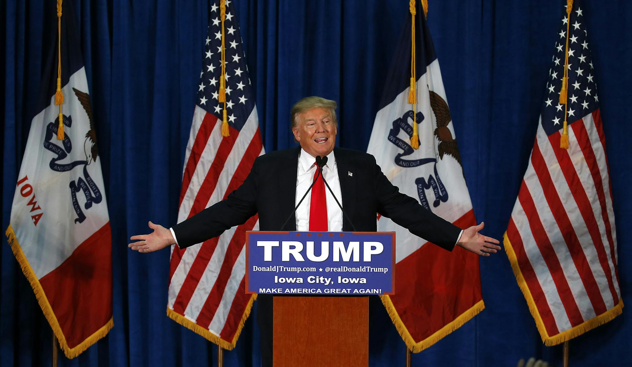 Republican presidential candidate Donald Trump speaks during a campaign event at the University of Iowa Field House, Tuesday, Jan. 26, 2016 in Iowa City, Iowa. (AP Photo/Paul Sancya) ORG XMIT: MIN2016012713372638
