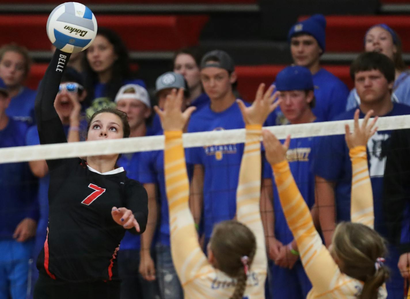 Marina Hayden(7) of Bellen Plaine goes for the kill.]Belle Plaine defeats Lesueur-Henderson in girls volleyball game 3-0 at Belle Plaine H.S.RichardTsong-Taatarii richard.tsong-taatarii@startribune.com