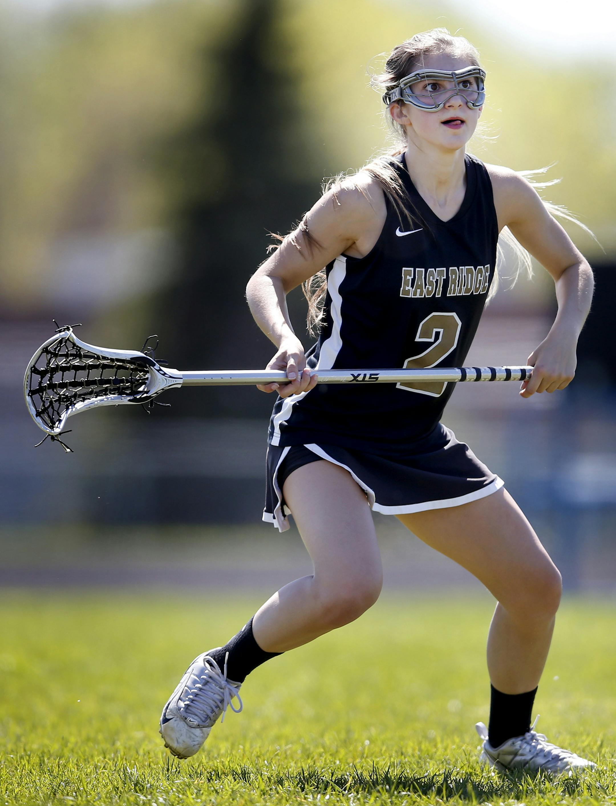East Ridge lacrosse player Samantha Hammer (2). Her sister, Jessica Hammer also plays on the team. ] CARLOS GONZALEZ cgonzalez@startribune.com - May 22, 2014, Forest Lake, Minn., Century Jr. High School, Wash County zone sports feature on East Ridge girls' lacrosse, including a number of sisters. The Hammer sisters (twins) are both seniors and are both going to play Div. 1 college lacrosse at the same school. twins Jessica Hammer - #8; Samantha Hammer - #2