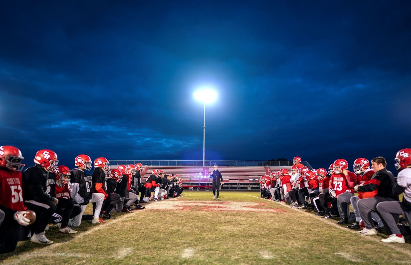 Coon Rapids coach Nick Rusin talked to his team after a practice last fall in preparation for its first state tournament appearance since 1983.