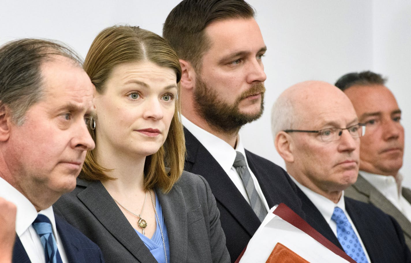 Key State Commissioners listened as Governor Dayton and Lt governor Tina Smith answered questions after House Speaker Kurt Daudt rejected the compromise deal offered by Dayton. L to R are Transportation Commissioner Charlie Zelle, Revenue Commissioner Cynthia Bauerly, Metropolitan Council Chairman Adam Duininck and Minnesota Management and Budget Commissioner Myron Frans. ] GLEN STUBBE * gstubbe@startribune.com Monday, May 16, 2016 The Dayton administration offered two options to legislative lea