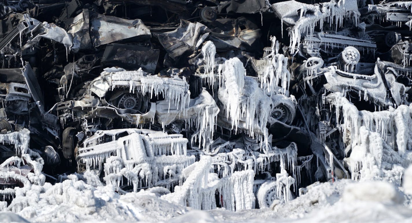 The fire at Northern Metal Recycling in Becker burned for days but was largely under control — and under ice — Thursday morning.