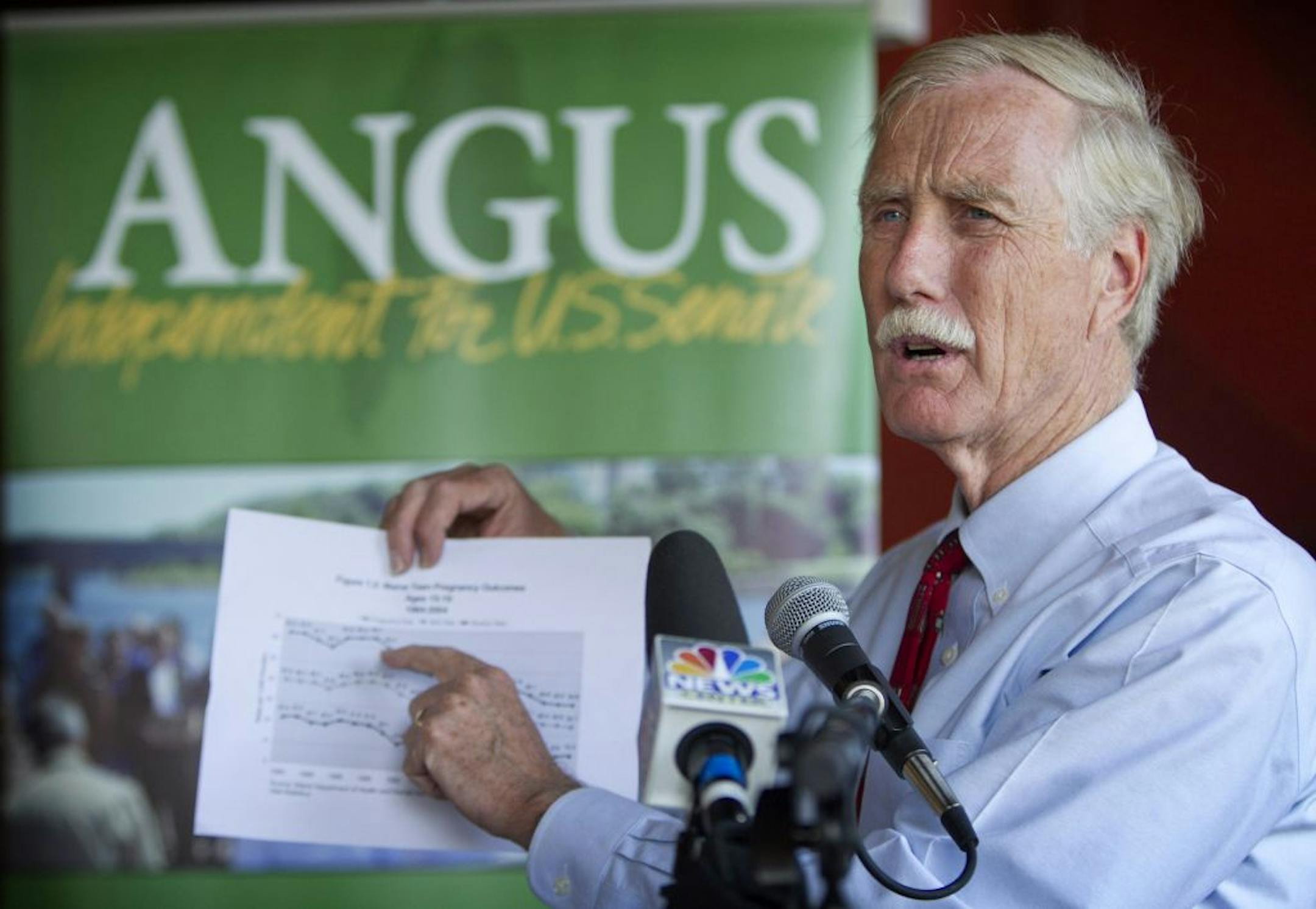 FILE - In this Aug. 17, 2012 file photo, Maine independent Senate candidate Angus King speaks at a news conference in Brunswick, Maine