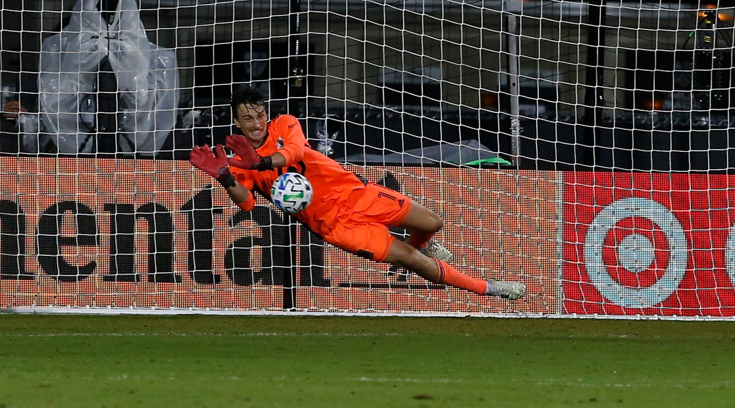 Minnesota United goalkeeper Tyler Miller makes the game-winning save on a penalty kick against the Columbus Crew last July