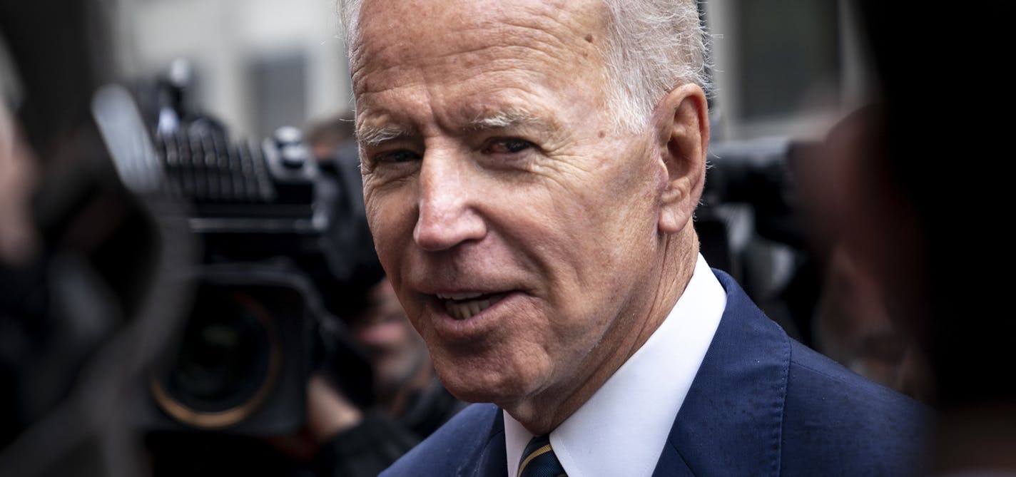 FILE -- Former Vice President Joe Biden talks to reporters in Washington, April 5, 2019. If Biden wins the presidency in 2020, it will be in part because older Democrats still have the votes to decide the party&#x2019;s nomination in favor of a relatively moderate, establishment-backed candidate, as they have done in the past. (Erin Schaff/The New York Times)