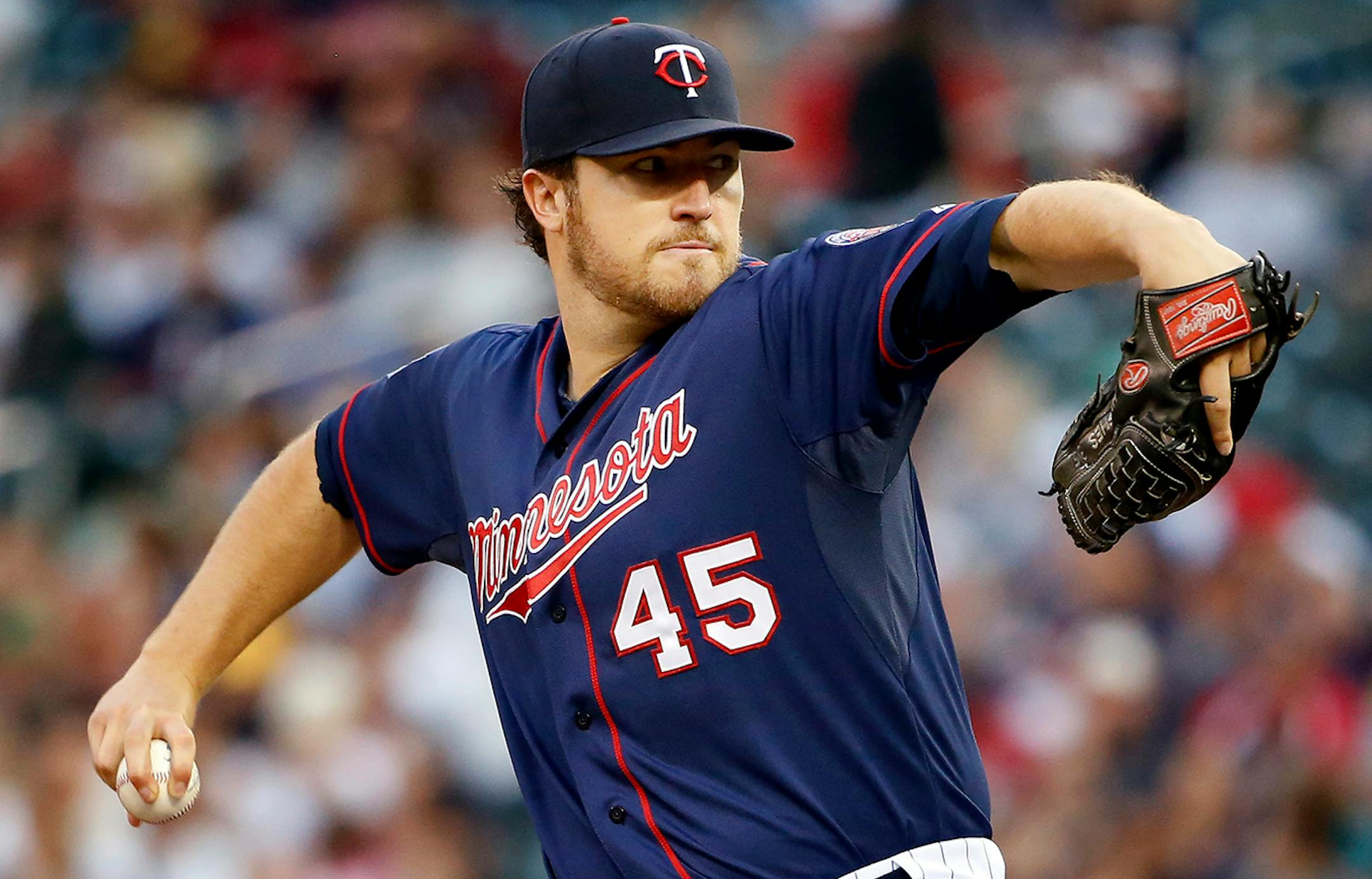 Minnesota Twins starting pitcher Phil Hughes (45) in the fourth inning. ] CARLOS GONZALEZ cgonzalez@startribune.com - May 27, 2014, Minneapolis, Minn., Target Field, MLB, Minnesota Twins vs. Texas Rangers