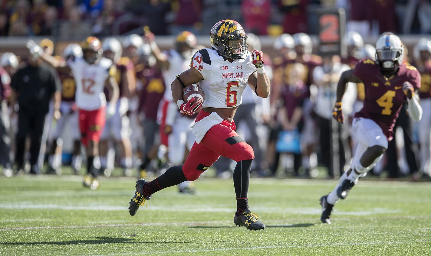 Maryland running back Ty Johnson (6) runs 34 yards for a touchdown with 1:10 to play in the fourth quarter against Minnesota at TCF Bank Stadium in Minneapolis on Saturday, Sept. 30, 2017. The visiting Terrapins won, 31-24. (Elizabeth Flores/Minneapolis Star Tribune/TNS) ORG XMIT: 1212302