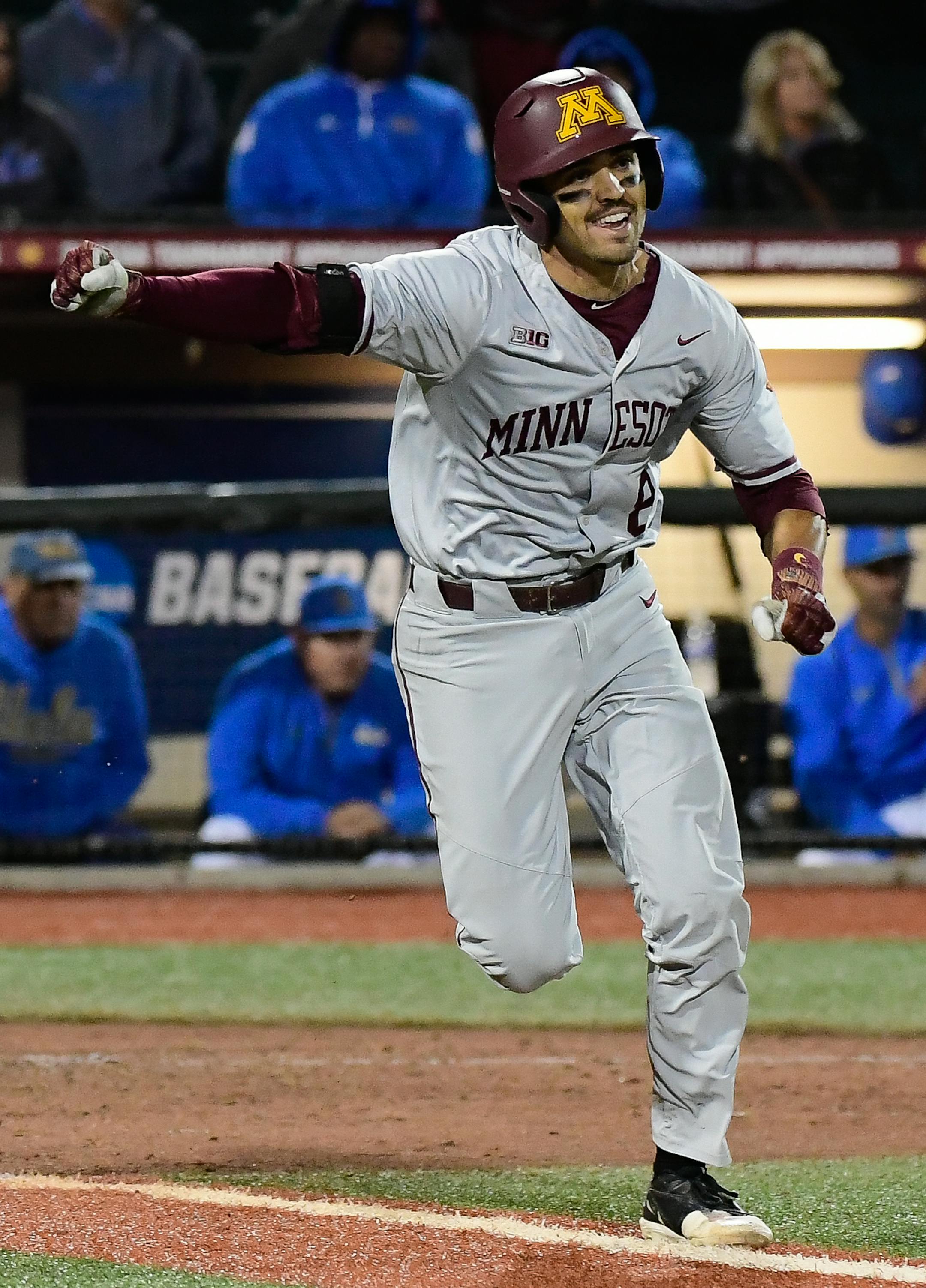 Minnesota third baseman Micah Coffey (8) celebrated after hitting a double in the top of the 10th inning, bringing home the game-winning run by shortstop Terrin Vavra (6) against UCLA. ] AARON LAVINSKY ï aaron.lavinsky@startribune.com The University of Minnesota Golden Gophers baseball team played the UCLA Bruins in an NCAA tournament game on Saturday, June 2, 2018 at Siebert Stadium in Minneapolis, Minn.