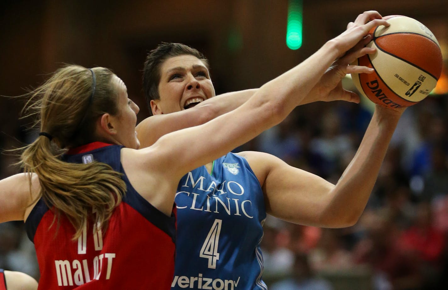 Lynx center Janel McCarville was fouled in the second quarter by Mystics forward Ally Malott in the Lynx's final preseason game, a 85-68 loss at the Mayo Civic Center in Rochester on Sunday.