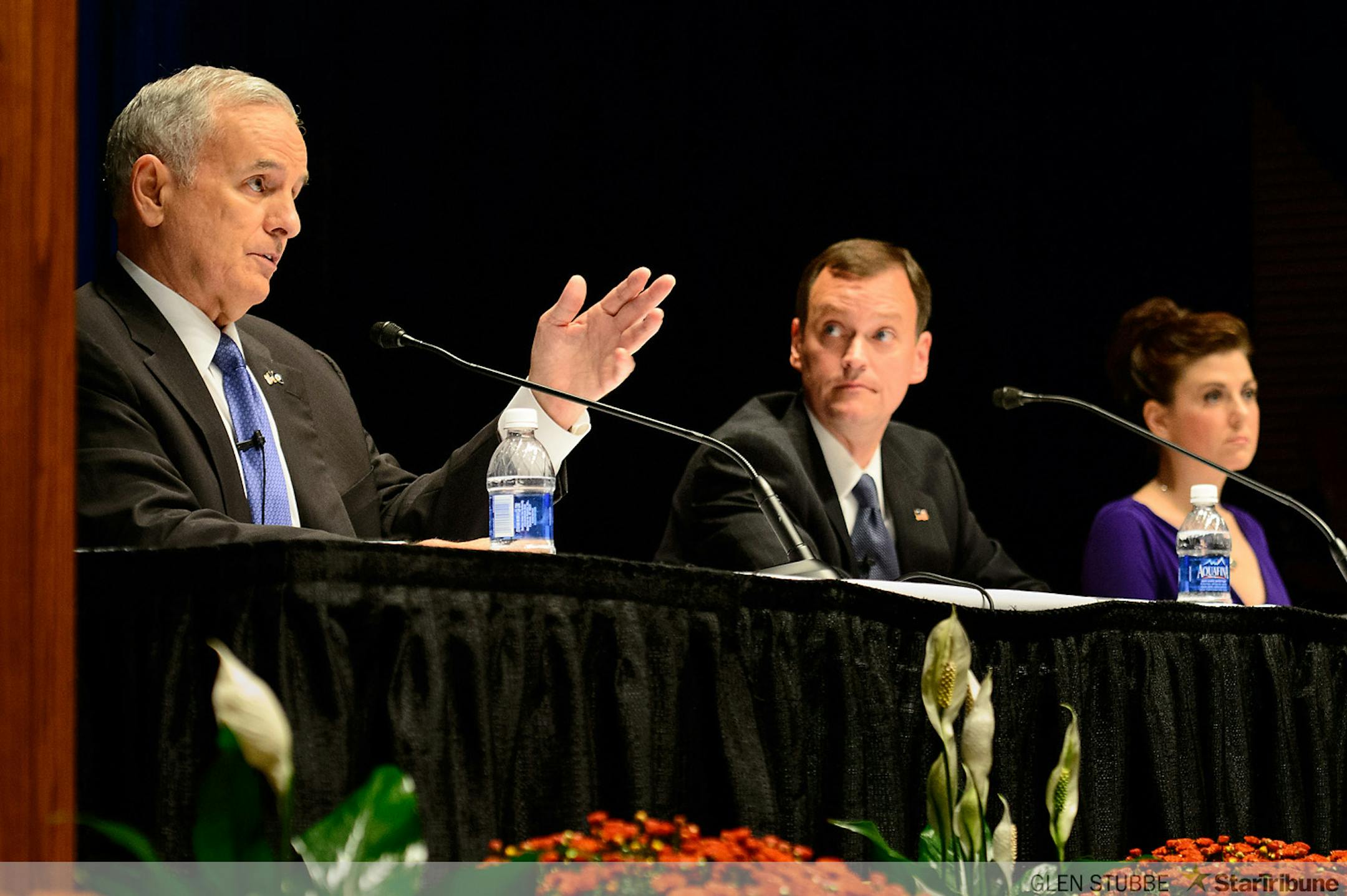 Minnesota candidates for Governor Gov. Mark Dayton (DFL), Jeff Johnson (GOP) and Hannah Nicollet (IP) First Minnesota had their first debate Gubernatorial Debate Wednesday, October 1, 2014 at the Mayo Civic Center in Rochester, MN.  	    ]  Wednesday, October 1, 2014  GLEN STUBBE * gstubbe@startribune.com