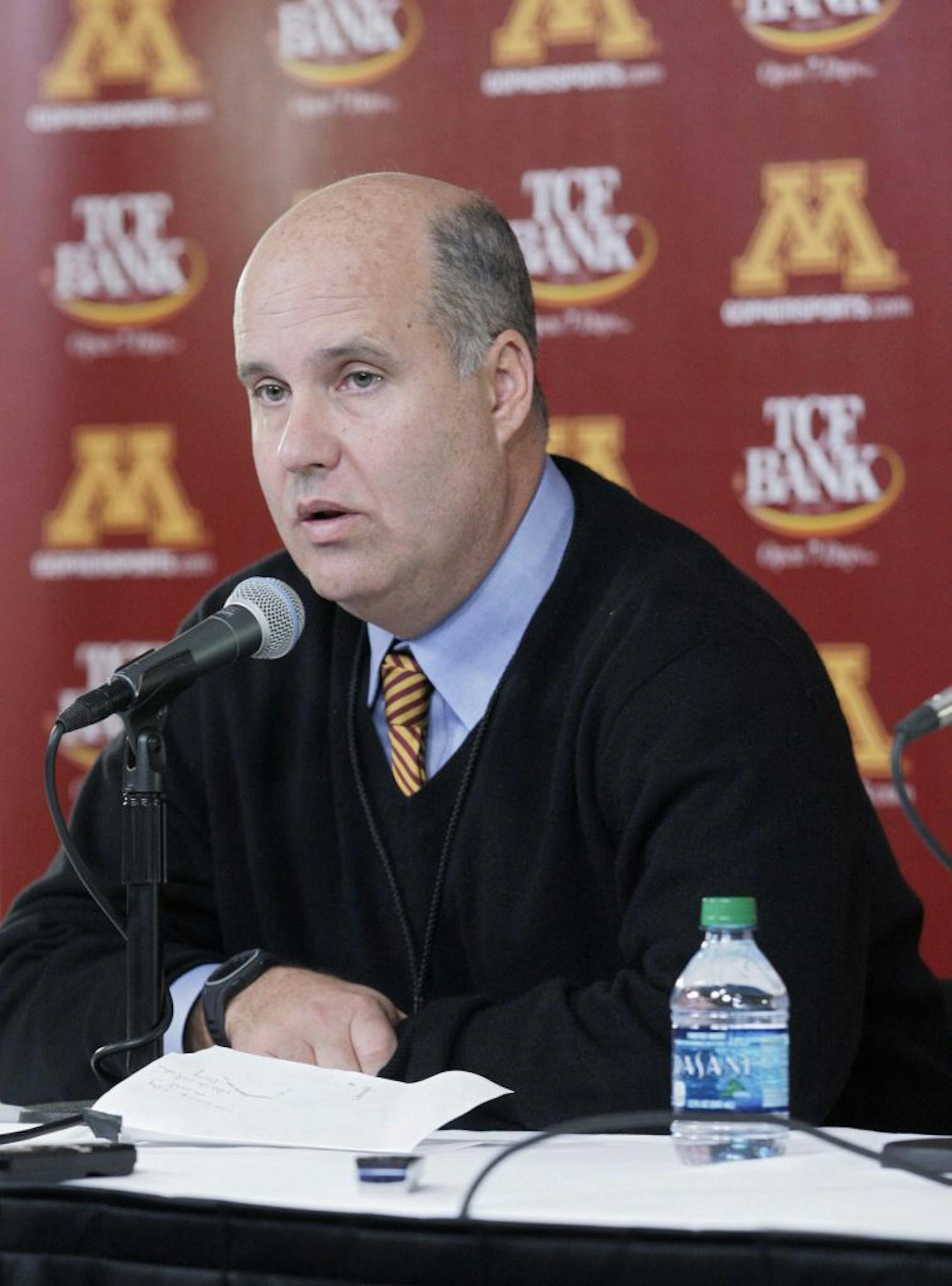 Minnesota athletic director Norwood Teague discusses football coach Jerry Kills condition after an NCAA college football game against Michigan State, Saturday, Nov. 24, 2012, in Minneapolis. Kill suffered a seizure at halftime, but was not hospitalized, according to the university. Michigan State won 26-10.