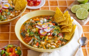 A key ingredient in Spring Pozole is hominy, or nixtamalized corn kernels.
