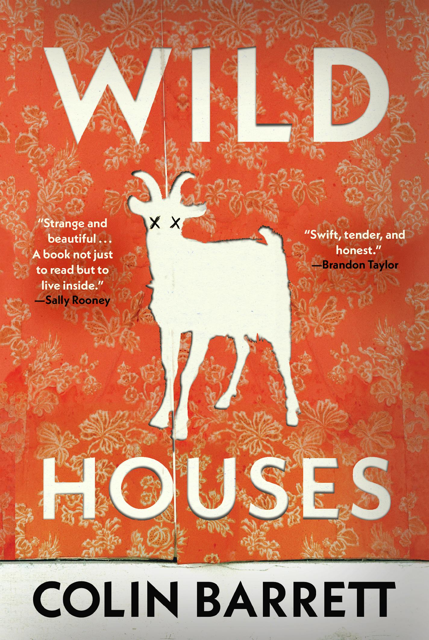 cover of "Wild Houses," outline of a goat on orange wallpaper