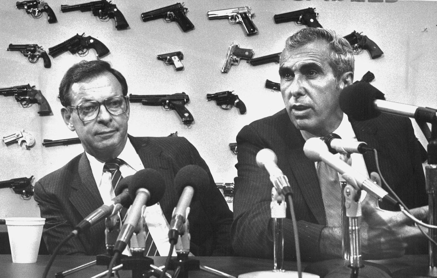 July 11, 1984 Mayor Donald Fraser and Minneapolis Police Chief Tony Bouza talked about private ownership of pistols at a press conference to launch a pistol education program in the Twin Cities. Minneapolis police officers tend to endorse private ownership of pistols for self-protection, while their counterparts in St. Paul and other major cities do not, according to a 1983 survey that surfaced in Tuesday's press conference launching a program designed to discourage pistol ownership. July 10, 19