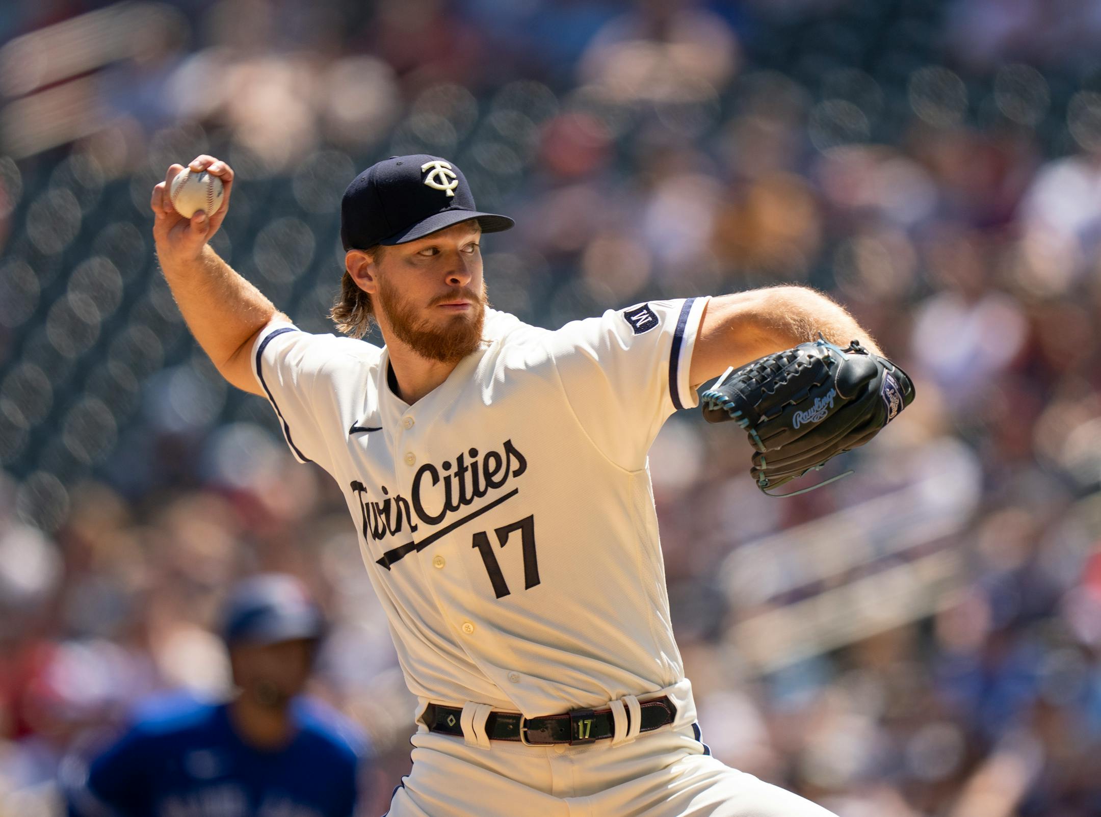 Minnesota Twins starting pitcher Bailey Ober (17) throwing against Toronto in the first inning.