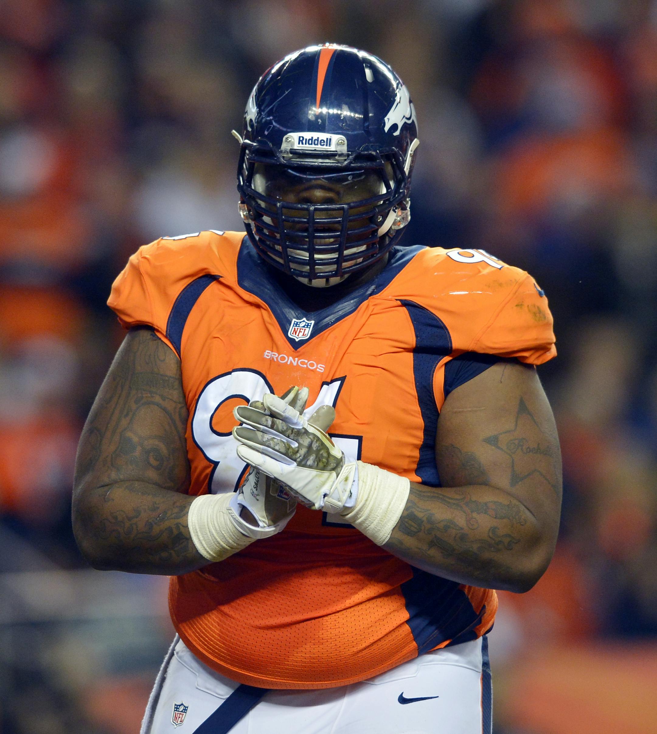 Denver Broncos defensive tackle Terrance Knighton celebrates during an NFL football game between the Denver Broncos and the Kansas City Chiefs, Sunday, Nov. 17, 2013, in Denver. (AP Photo/Jack Dempsey) ORG XMIT: NYOTK