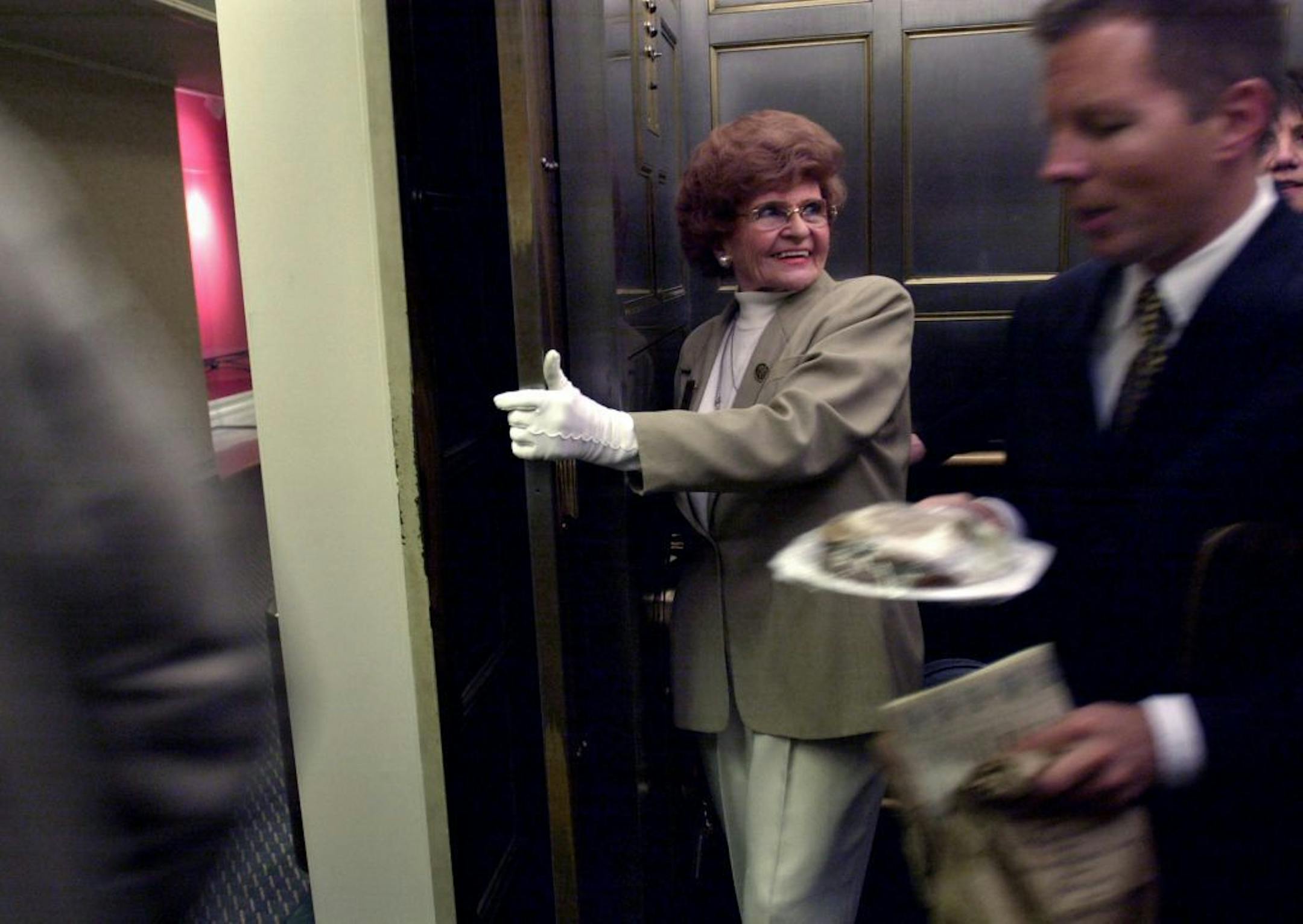 Minneapolis, Mn., Thurs., Jan. 3, 2002--Elevator operator Millie DeZiel will continue to wear her white gloves even though another elevator in the Young Quinlan Building will be converted to self-service later this month. One elevator will continue to be operated by elevator operators.