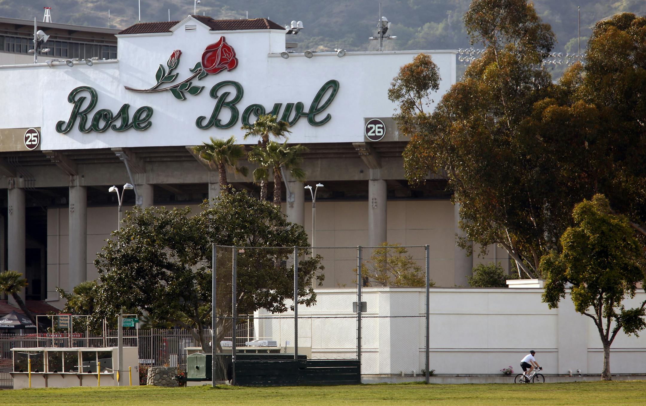 The Rose Bowl can be seen from the path along Seco Street in Pasadena on April 4, 2017. A shooting in the Rose Bowl parking lot late Saturday left one man dead and another injured, Pasadena police said. (Genaro Molina/Los Angeles Times/TNS) ORG XMIT: 1429835