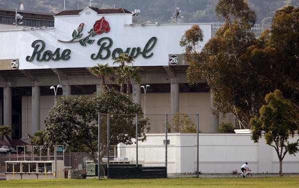 The Rose Bowl can be seen from the path along Seco Street in Pasadena on April 4, 2017. A shooting in the Rose Bowl parking lot late Saturday left one