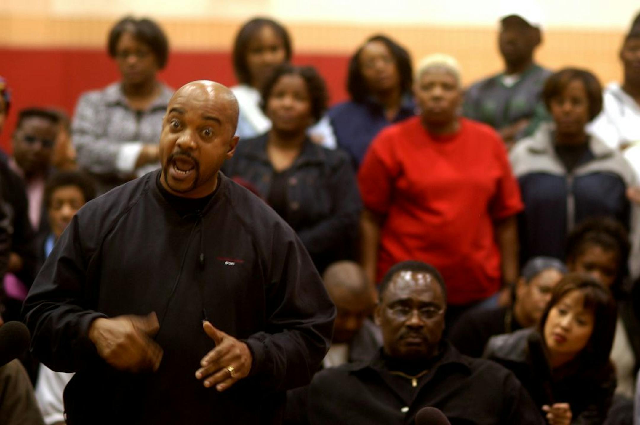 Rev Jerry McAfee of the New Salem Baptist Church confronted Mayor Rybak and questioned the 1 hr format of the meeting. He left with about 30 of the meeting members in protest of the quality and fairness of the meeting . GENERAL INFORMATION: Minneapolis,MN Friday 10/17/2003 A community meeting in North Minneapolis at the Farview Park and Recreation Center to discuss the alleged police assault on Stephen Porter. Appox 300 community members came to vent their anger and ask question of Police Chief