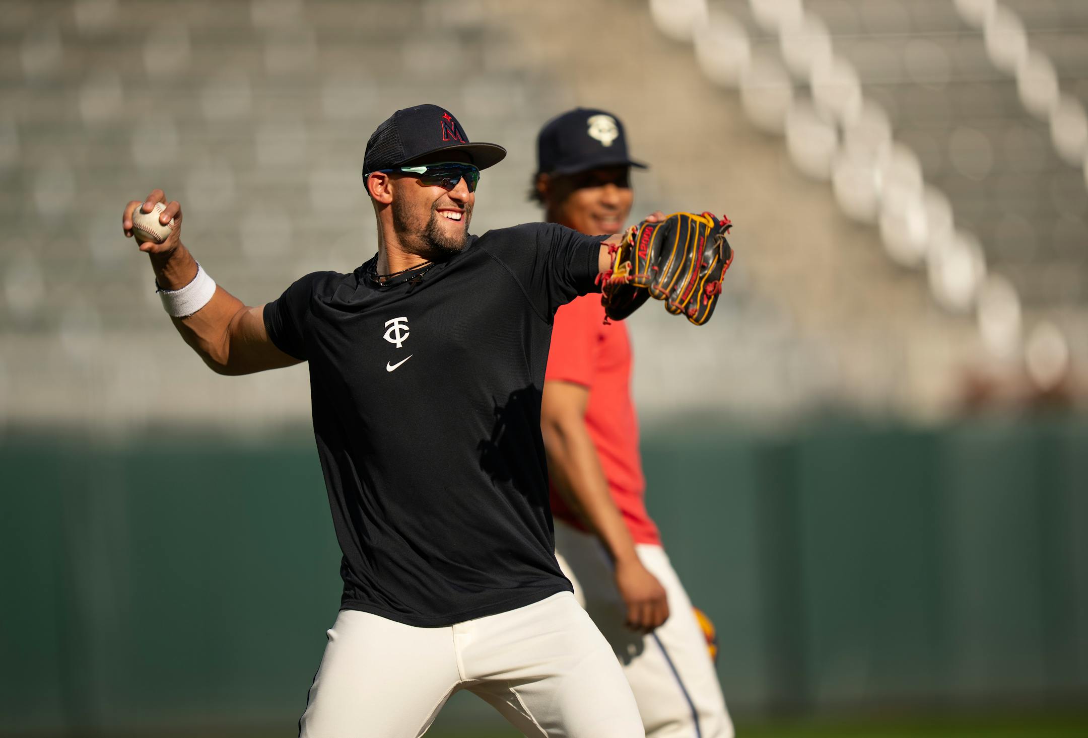 Twins infielder Royce Lewis grinned as he threw to first during infield practice Monday afternoon. The Minnesota Twins worked out at Target Field in Minneapolis Monday, October 2, 2023, the day before they face the Toronto Blue Jays in an American League Wild Card Playoff Series.