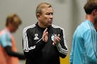 Minnesota United coach Adrian Heath applauded his players after practice on Jan. 22 at their practice facility in Blaine.