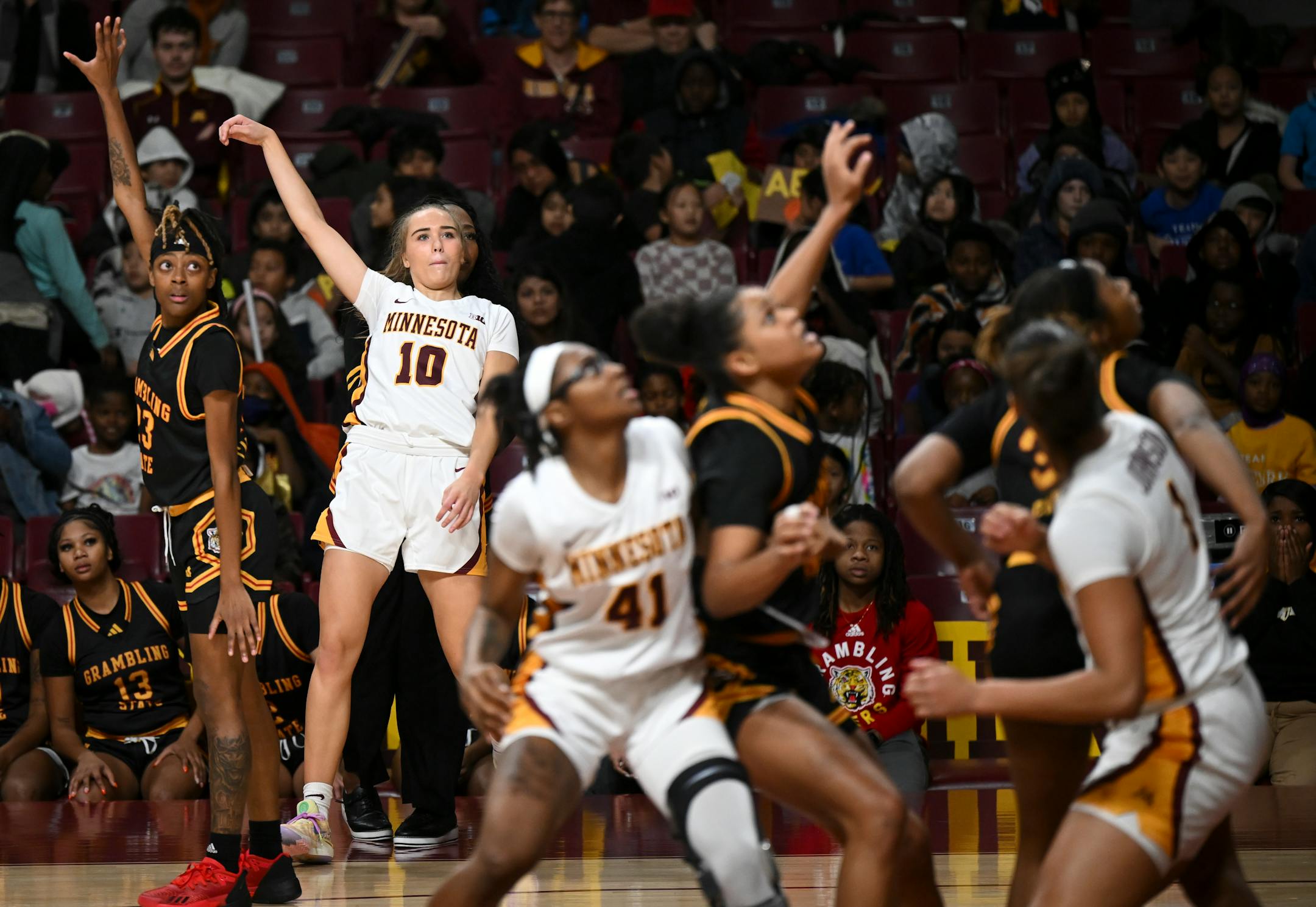 Minnesota Gophers guard Mara Braun (10) reacts as she makes a 3-pointer in the second quarter.