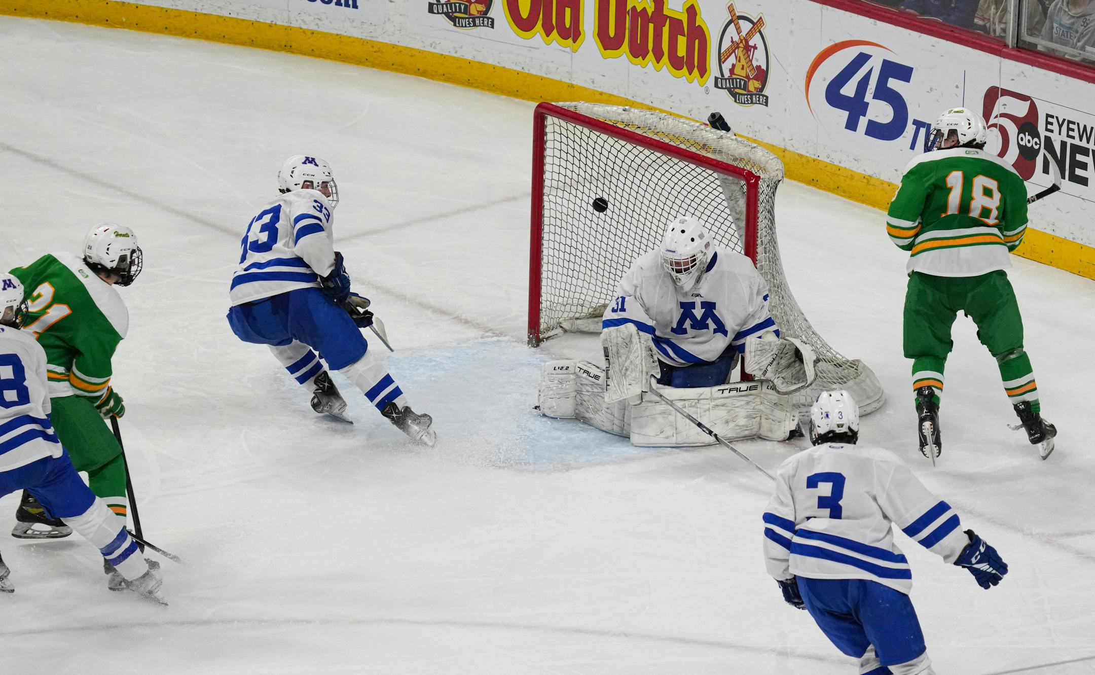 Minnetonka goaltender Kaizer Nelson (31) blocked a shot in the third period.