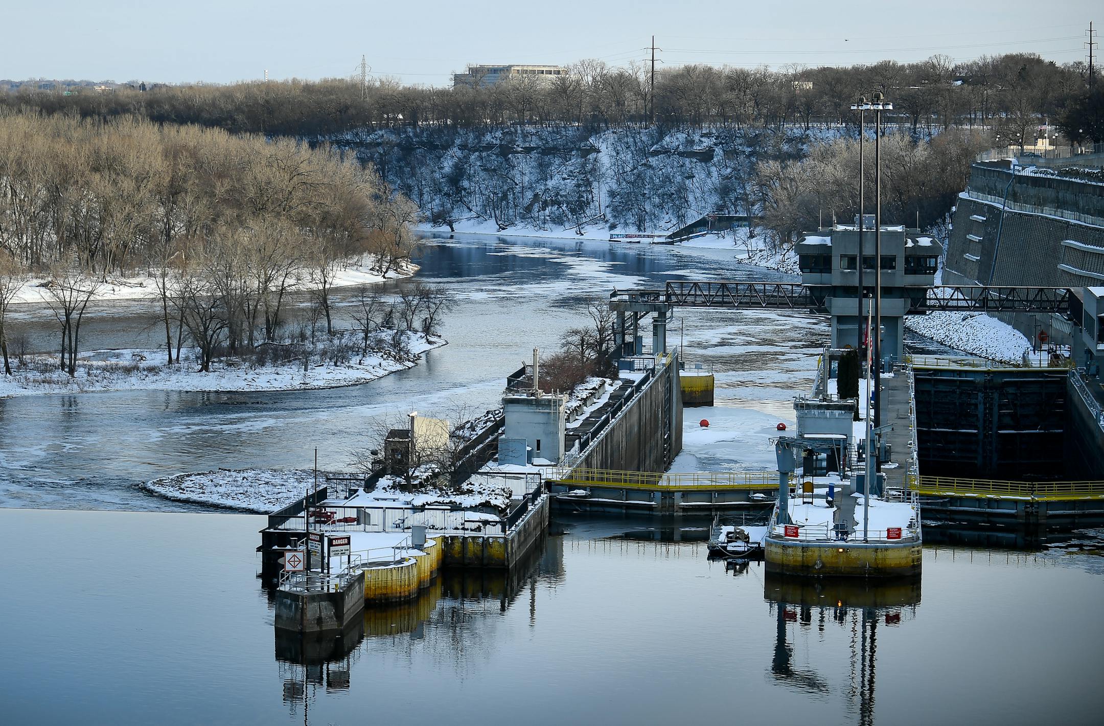 Commercial traffic on the Ford Dam has come to a halt, but it still generates hydroelectricity.