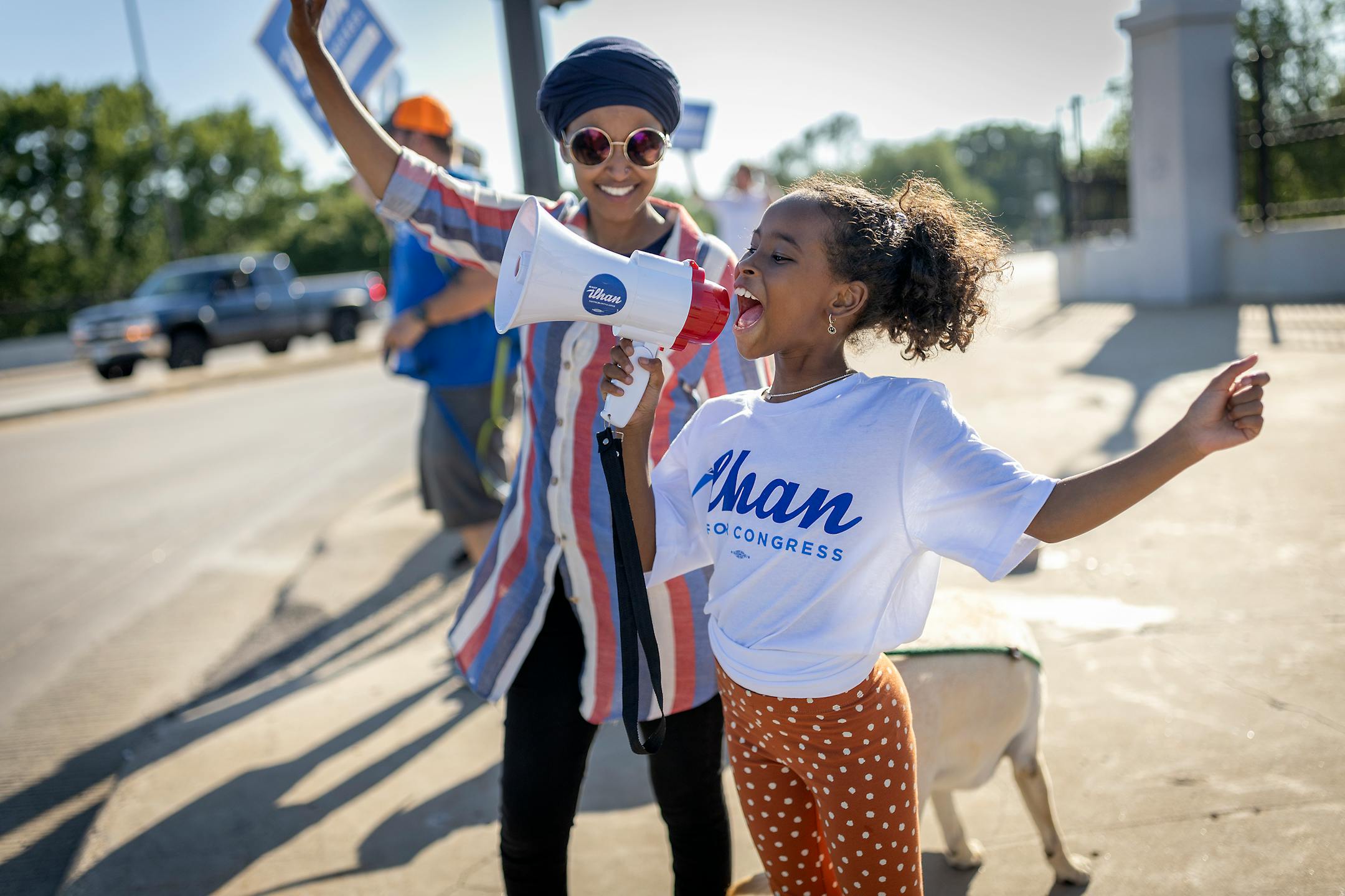 U.S. Rep. Ilhan Omar's youngest daughter, Ilwad Hirsi, 10, joined her mother during a voter engagement event on the corner of Broadway and Central Avenues in Minneapolis.