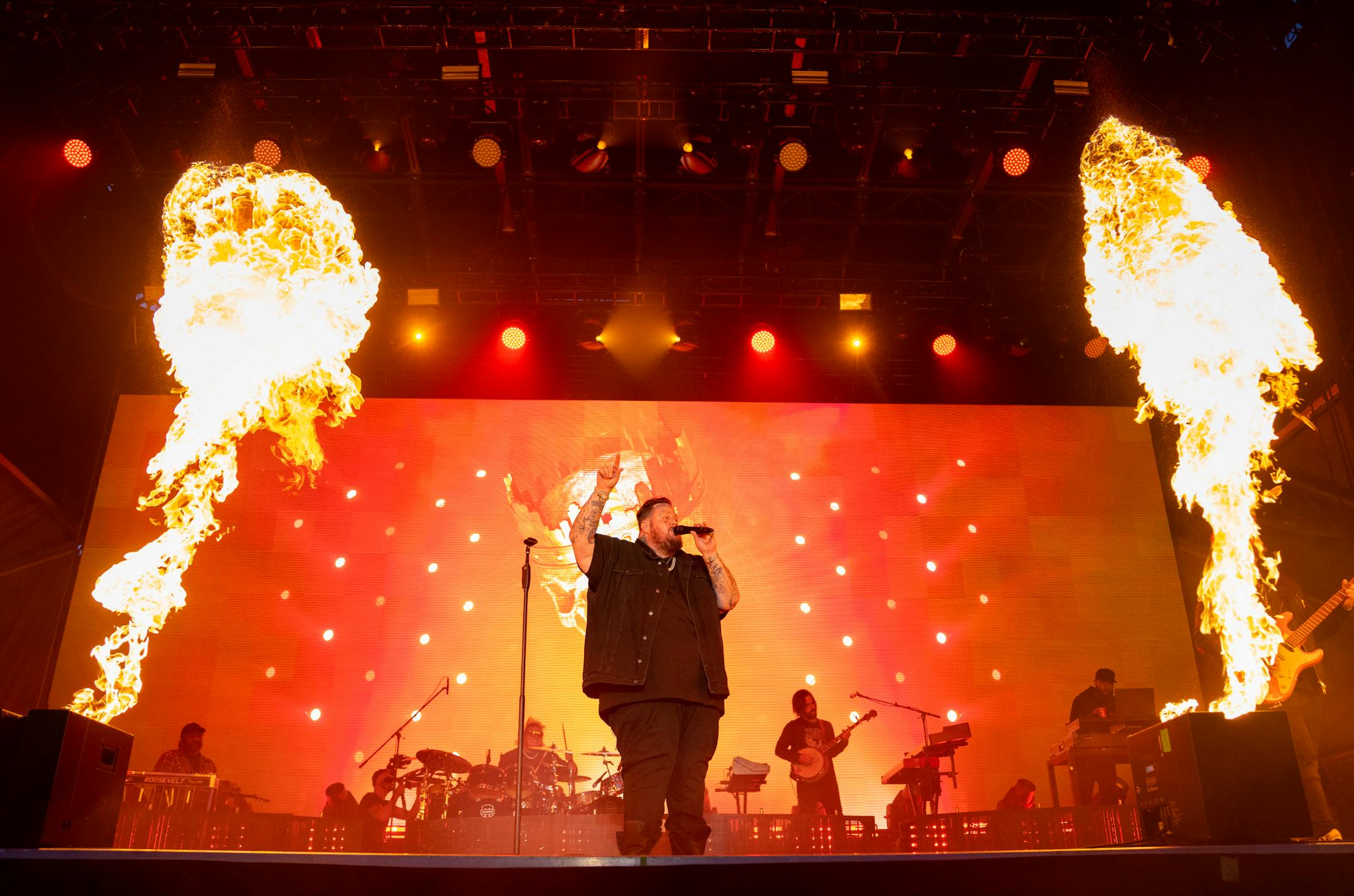 Pyrotechnics activate as Jelly Roll, a rising country music star, performs Friday, July 07, 2023, at Mystic Lake Casino amphitheater in Prior Lake, Minn.