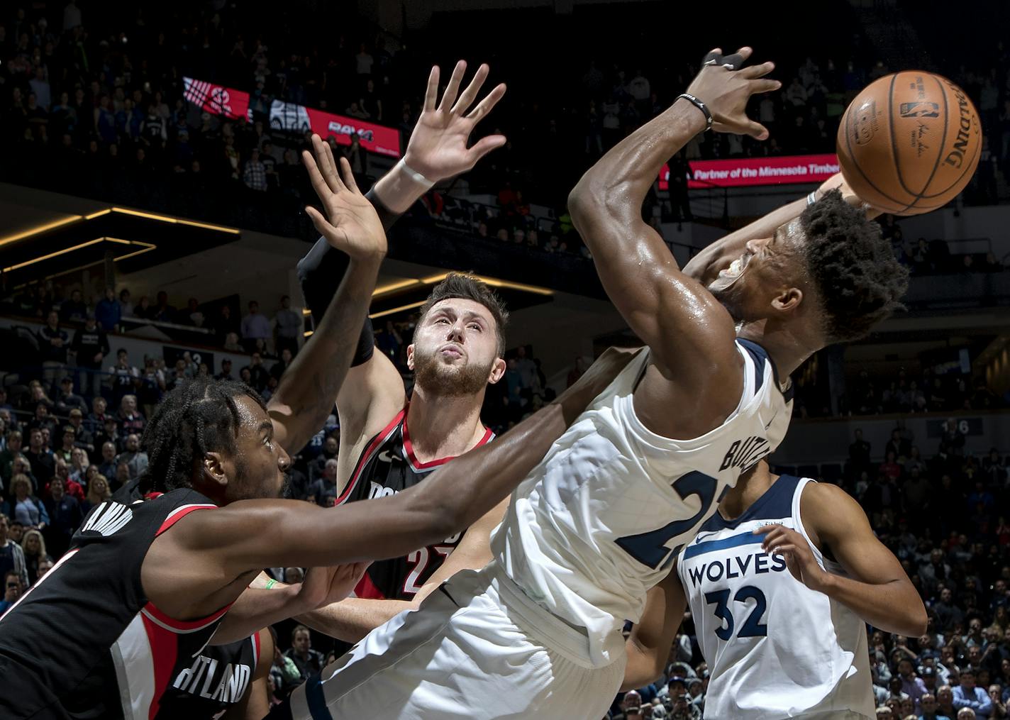 Jimmy Butler (23) was fouled by Al-Farouq Aminu (8) with 2.5 seconds left in the game. Butler made his two free throws to give the Timberwolves the lead and win the game. Minnesota beat Portland by a final score of 108-107.