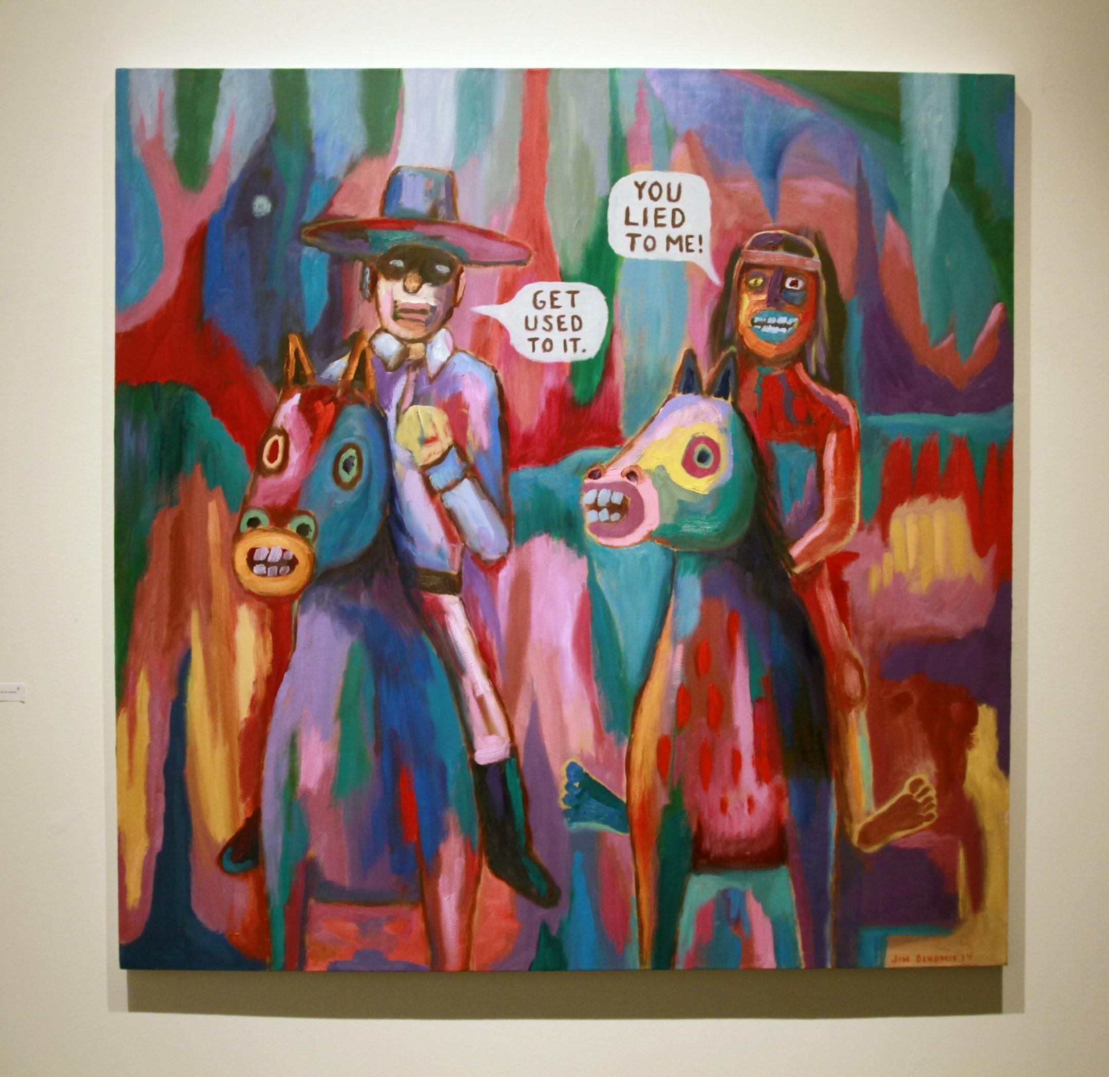 COPY OF ORIGINAL ARTWORK - by artist Jim Denomie, - " Untruthful " 48 48 inches - on display at the Bockley Gallery