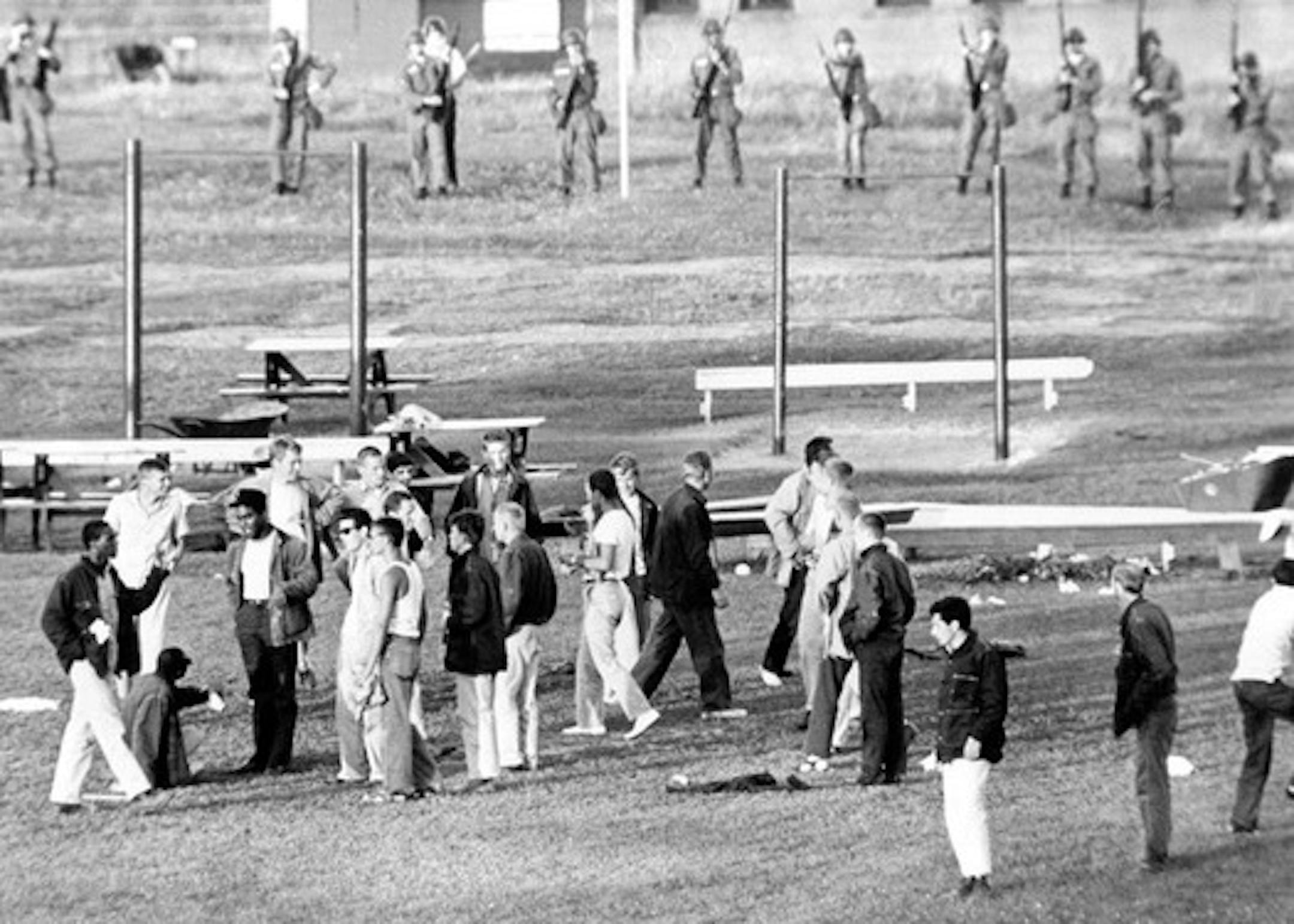 Star Tribune file photo by Kent Kobersteen: Two hundred Minnesota National Guardsmen, armed with rifles and fixed bayonets, ended a 25-hour "hunger strike" at St. Cloud Reformatory on July 19, 1966.