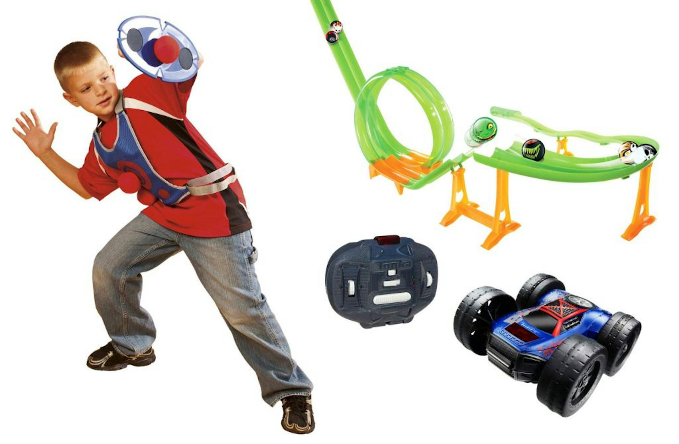 From left, favorite picks from the 2010 KidsPost holiday toy test include Diggin Active's DodgeTag Shield Set, with sticky shields and vests to catch soft balls; Cepia's DaGeDar, a looping track with racing DaGeDar character balls; and the Tonka XT Ricochet Trickster remote-control vehicle from Hasbro. Illustrates KIDSPOST-TOYS (category l), by Margaret Webb Pressler (c) 2011, The Washington Post. Moved Friday, Nov. 18, 2011.