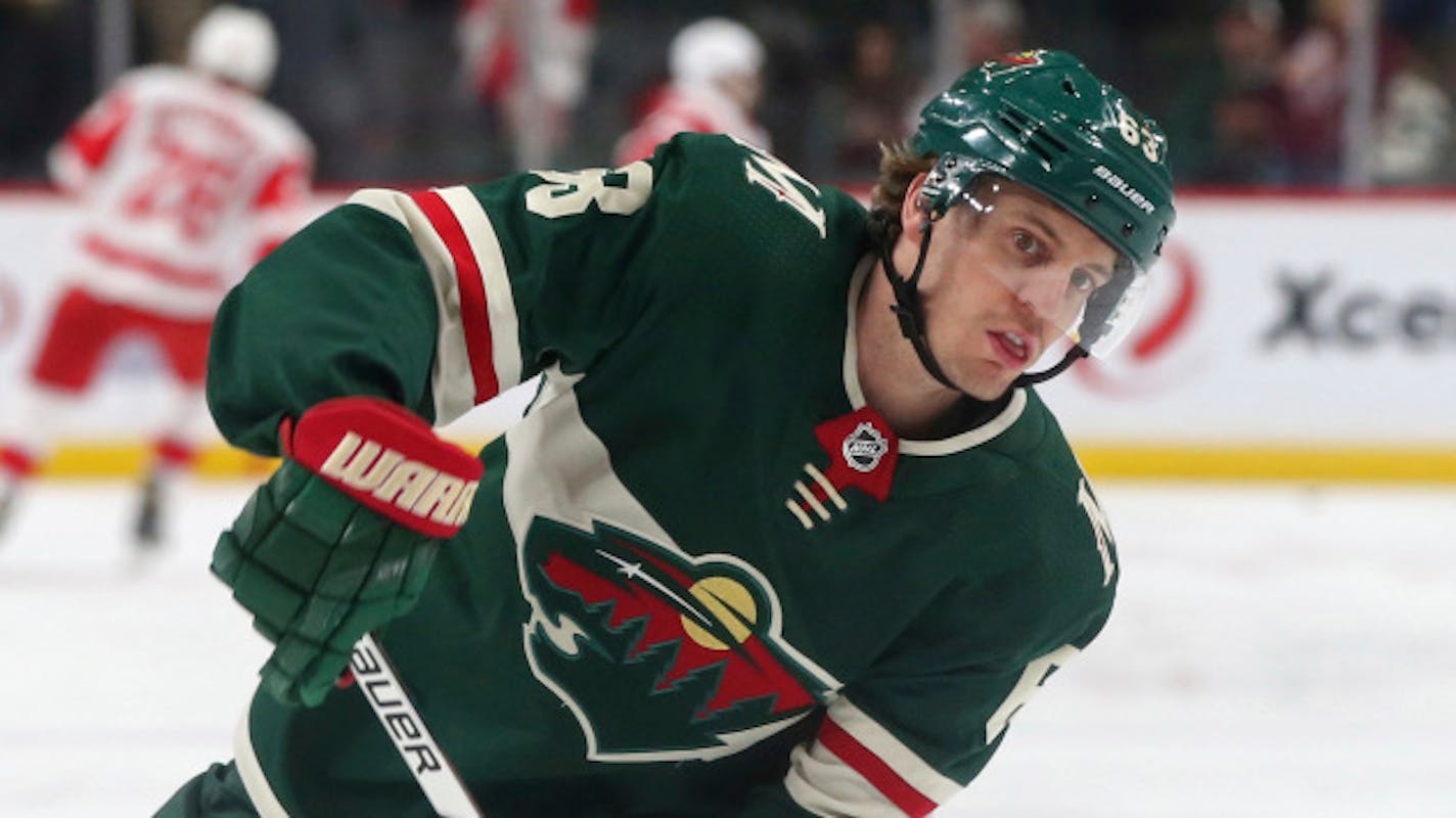 Minnesota Wild's Tyler Ennis warms up before an NHL hockey game against the Detroit Red Wings Sunday, March 4, 2018, in St. Paul, Minn. (AP Photo/Jim Mone)