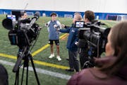 Caden Clark talks to the media after Minnesota United practice recently.