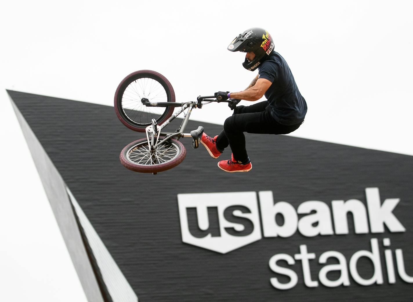 Brazil's Douglas Oliveira launched out of the vert ramp with US Bank Stadium behind him during the BMX vert finals Thursday. ] AARON LAVINSKY &#xef; aaron.lavinsky@startribune.com The X-Games were held Thursday, July 13, 2017 at US Bank Stadium in Minneapolis, Minn.