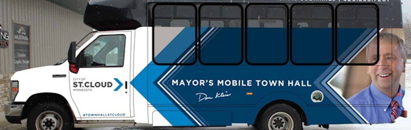 St. Cloud Mayor Dave Kleis unveiled a new "mobile town hall" bus he will take throughout the city to bring his weekly town hall meetings on the road. The bus and fuel was donated.