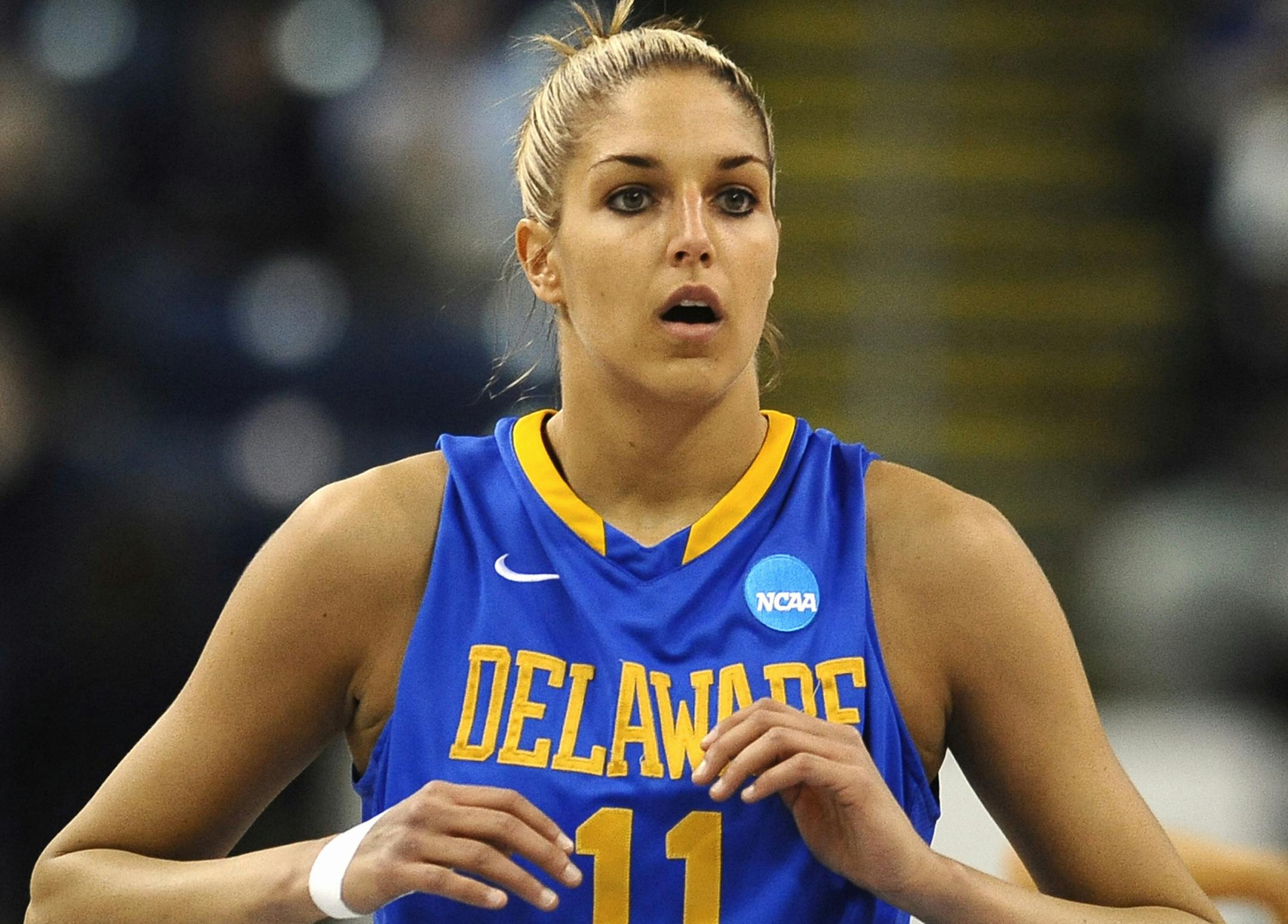 Delaware's Elena Delle Donne during the first half of a regional semifinal game against Kentucky in the NCAA college basketball tournament in Bridgeport, Conn., Saturday, March 30, 2013. (AP Photo/Jessica Hill) ORG XMIT: NYOTK