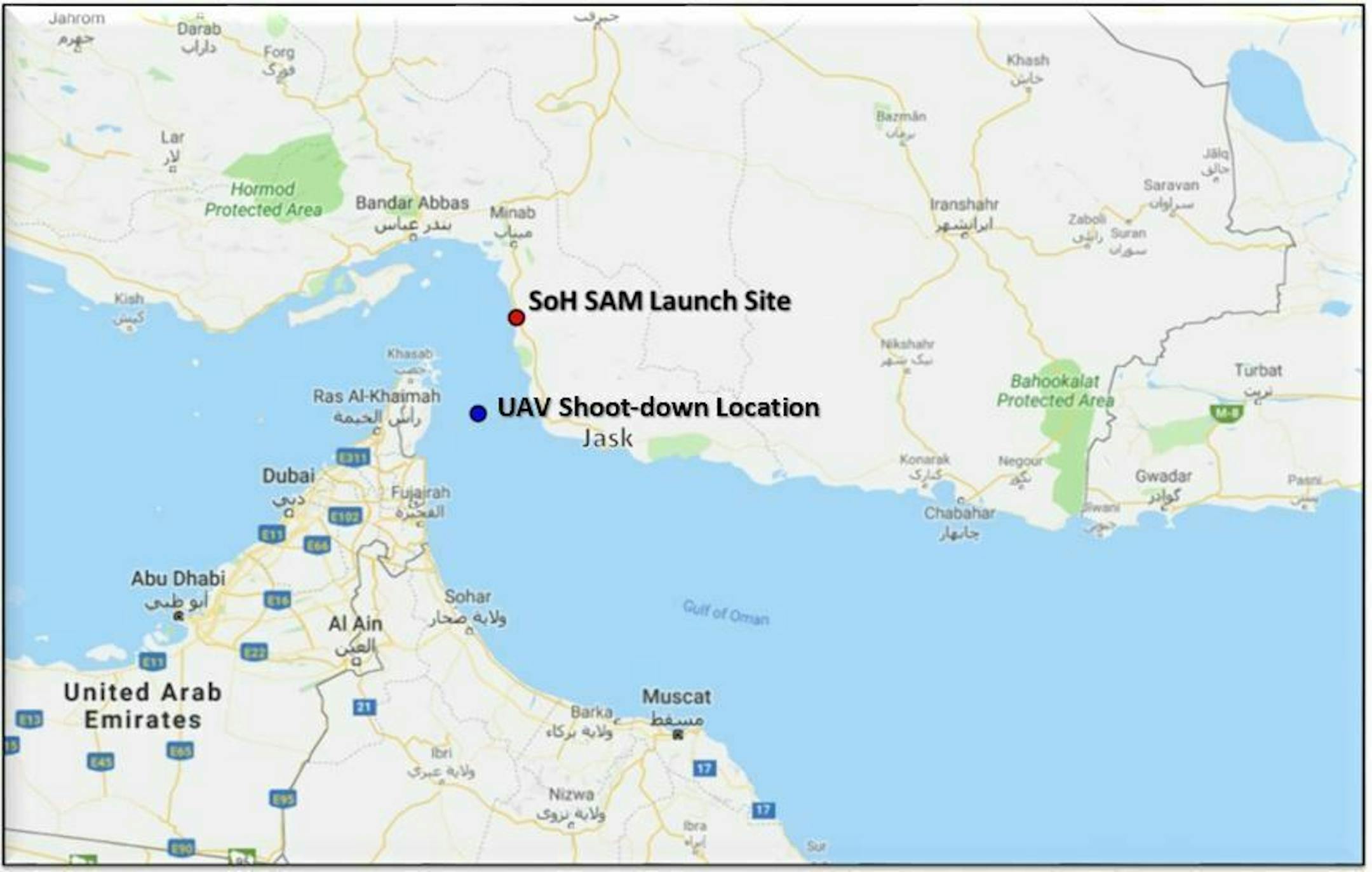 This map provided by the Department of Defense, Thursday, June 20, 2019, shows the site where they say a U.S. Navy RQ-4 drone was shot down. The Department of Defense says the drone was flying over the Gulf of Oman and the Strait of Hormuz on a surveillance mission in international airspace in the vicinity of recent IRGC maritime attacks when it was shot down by an IRGC surface to air missile fired from a launch site in the vicinity of Goruk, Iran. (Department of Defense via AP)