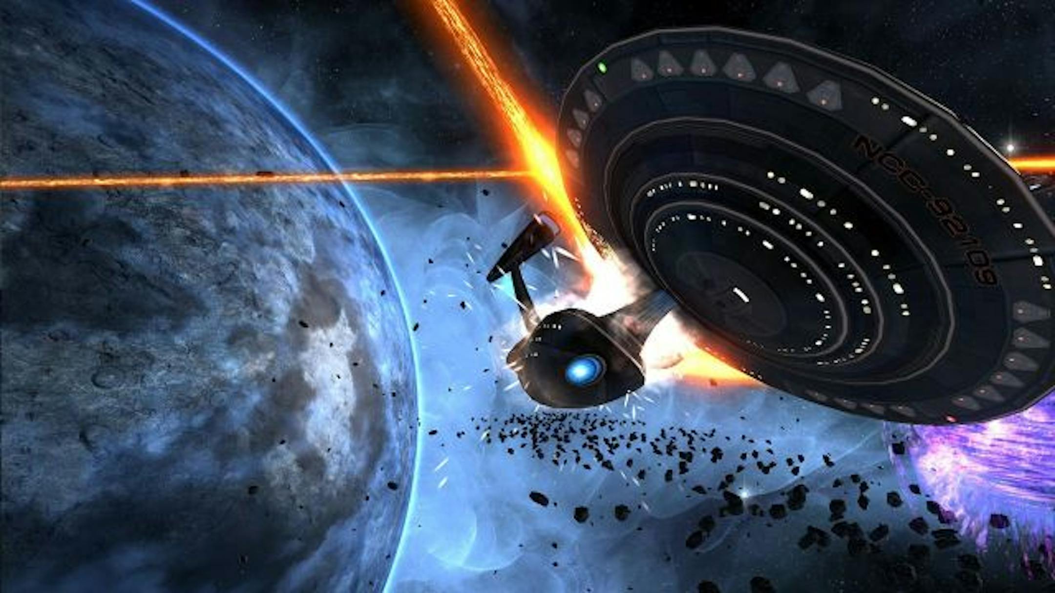 In a screen grab from the game Star Trek Online, a Federation spaceship narrowly escapes phaser fire during a space battle.