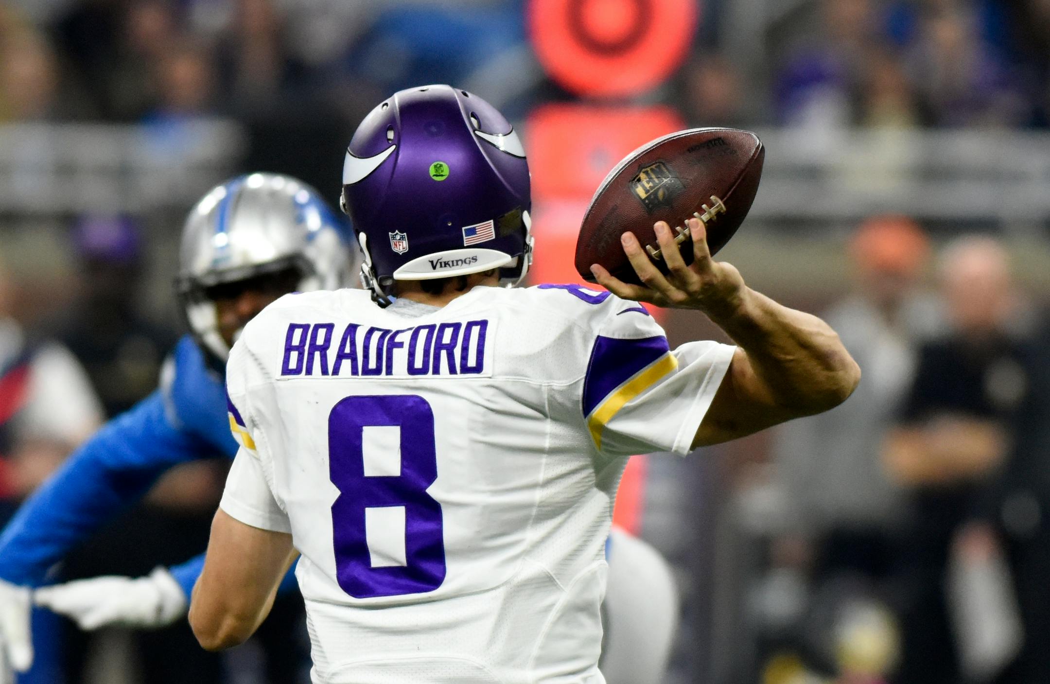 Vikings quarterback Sam Bradford had a costly interception in the final minute of Thursday's 16-13 loss to the Lions.